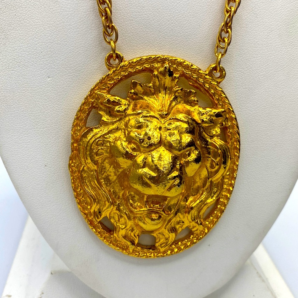 Vintage Designer Style Lion Necklace Gold Plated Statement